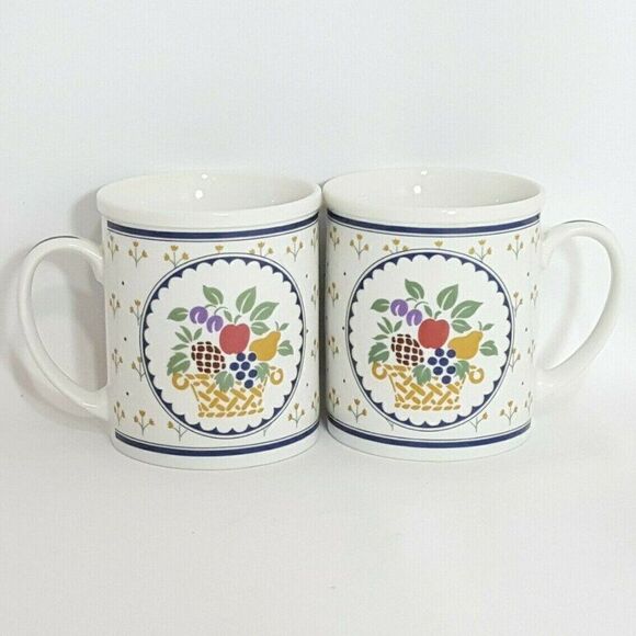 Fruit Basket Floral Coffee Mugs Apple Pear Pineapple Blue Yellow Cottage 2 - Picture 1 of 4